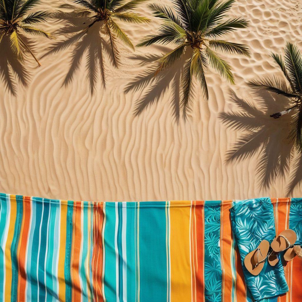 A vibrant scene depicting a sun-kissed beach filled with diverse swim styles: colorful bikinis, stylish swim trunks, and trendy beach cover-ups, all set against a backdrop of turquoise waves and golden sand. Include sunbathers lounging on colorful beach towels and palm trees swaying gently in the breeze. Capture an overall sunny, lively atmosphere to evoke the essence of a tropical getaway. bright colors. super-realistic.