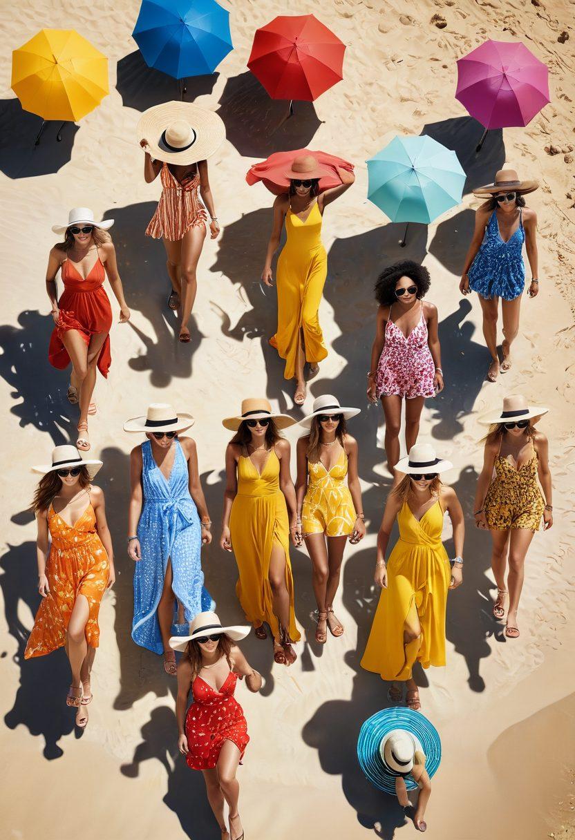 A vibrant beach scene showcasing diverse individuals flaunting the latest summer fashion trends, including flowy beach dresses, chic swimwear, and stylish accessories like wide-brimmed hats and oversized sunglasses. The background features golden sand, crystal-clear water, and colorful beach umbrellas to enhance the lively atmosphere. Capture the essence of summer with bright, playful colors and a relaxed vibe. super-realistic. vibrant colors. beach setting.
