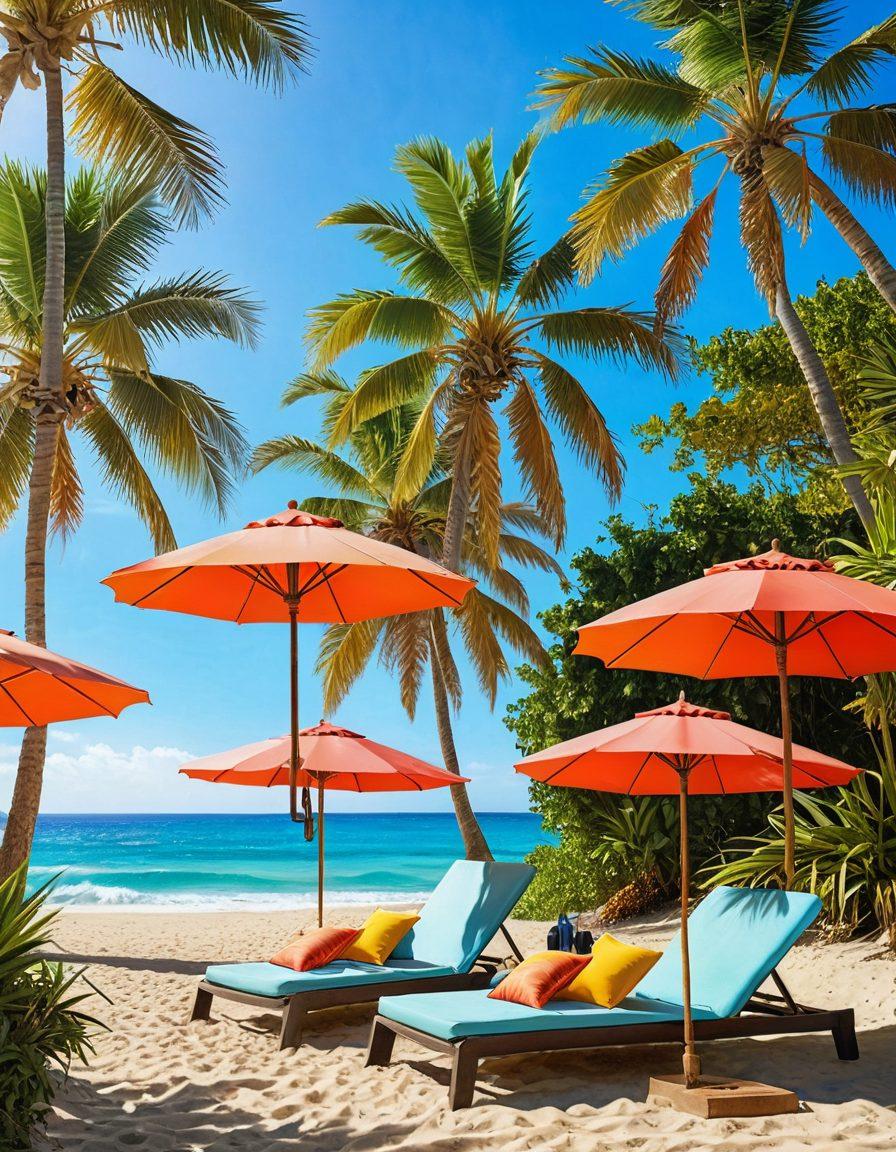 An inviting beach scene showcasing vibrant bikini trends on diverse models, lounging under colorful umbrellas while sipping tropical drinks. The sandy shoreline is dotted with beach accessories like sun hats, flip flops, and stylish beach bags. The background features crystal-clear waves and a bright sun, radiating a fun, carefree summer vibe. Dappled light through palm trees adds warmth to the scene. super-realistic. vibrant colors.